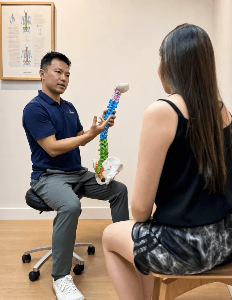 A physiotherapist talking a patient through a scoliosis assessment at A Plus Physio